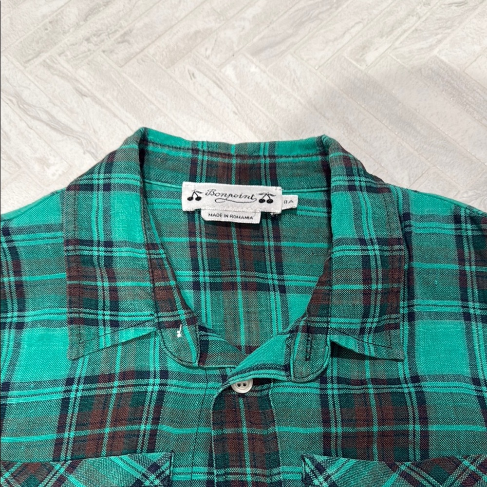 Bonpoint Linen Green Plaid Button down Shirt, size 8 - Picture 3 of 5